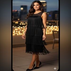 DKNYC Black Fringe Sleeveless Midi Dress